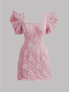 SHEIN Pink Floral Embroidered Puff-Sleeve Square-Neck Mini Dress